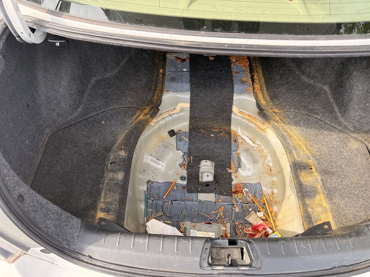 Trunk before detailing: floor carpet lifted out, with dirt, dried leaves, loose pencils and trash scattered across the spare-tire well